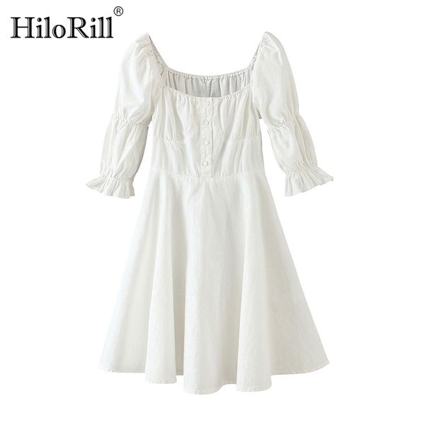 women a line elegant cotton dresses puff sleeve white mini square collar buttons chic casual vestidos 210508, Black;gray
women a line elegant cotton dresses puff sleeve white mini square collar buttons chic casual vestidos 210508, Black;gray