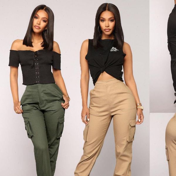 fashion stretch high waist cargo women pants khaki army green black casual long trousers, Black;white
fashion stretch high waist cargo women pants khaki army green black casual long trousers, Black;white