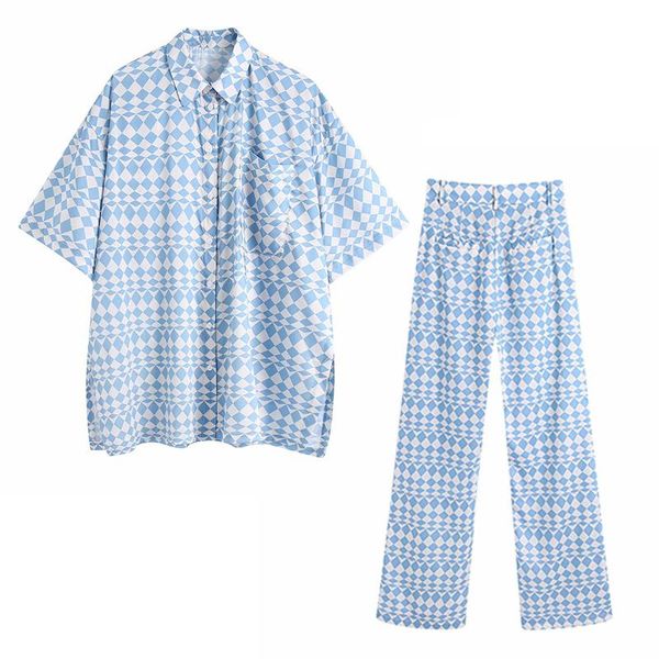 women's two piece pants blue geometric pattern casual short-sleeved loose shirts buttoned printed trousers home set pieces sets 2021, White
women's two piece pants blue geometric pattern casual short-sleeved loose shirts buttoned printed trousers home set pieces sets 2021, White
