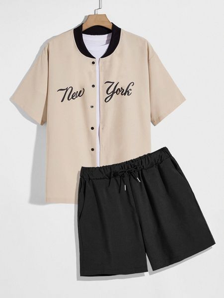 men letter graphic baseball collar shirt & drawstring shorts without tee u1bl#, Gray
men letter graphic baseball collar shirt & drawstring shorts without tee u1bl#, Gray