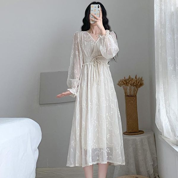 #5027 spring summer white chiffon dress long sleeve vintage see through a-line midi ladies embroidery v neck high waisted casual dresses, Black;gray
#5027 spring summer white chiffon dress long sleeve vintage see through a-line midi ladies embroidery v neck high waisted casual dresses, Black;gray