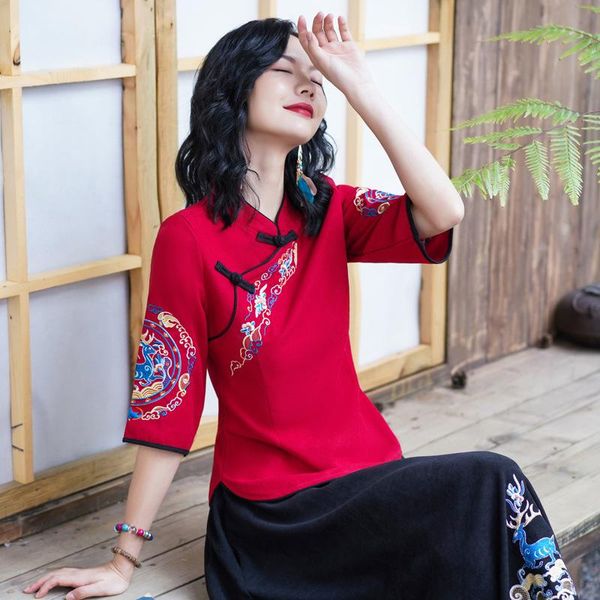 ethnic clothing 2021 autumn national chinese style women shirt stand collar embroidered half sleeve button cotton linen slim top, Red
ethnic clothing 2021 autumn national chinese style women shirt stand collar embroidered half sleeve button cotton linen slim top, Red