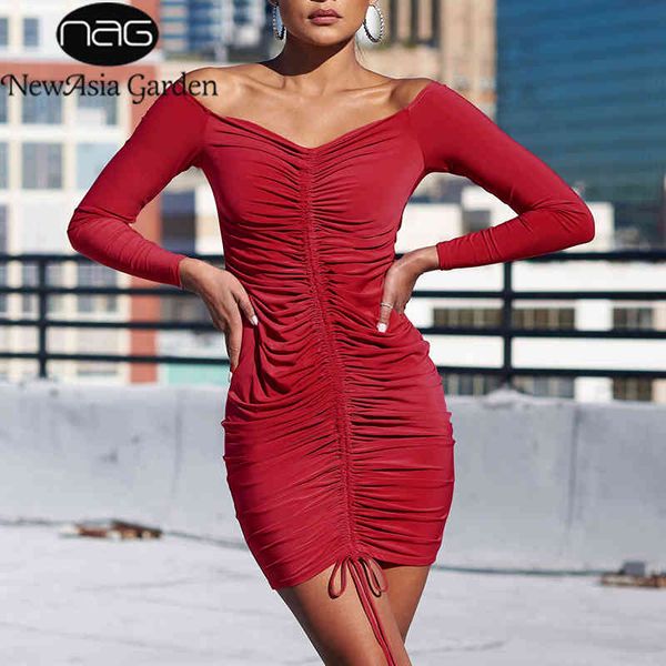 newasia garden off shoulder dress women autumn long sleeve bodycon ruched dress can adjust length party dress black 210413, Black;gray