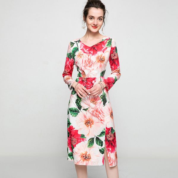 women's runway dresses v neck 3/4 sleeves floral printed split fashion elegant autumn pencil dress vestidos, Black
women's runway dresses v neck 3/4 sleeves floral printed split fashion elegant autumn pencil dress vestidos, Black