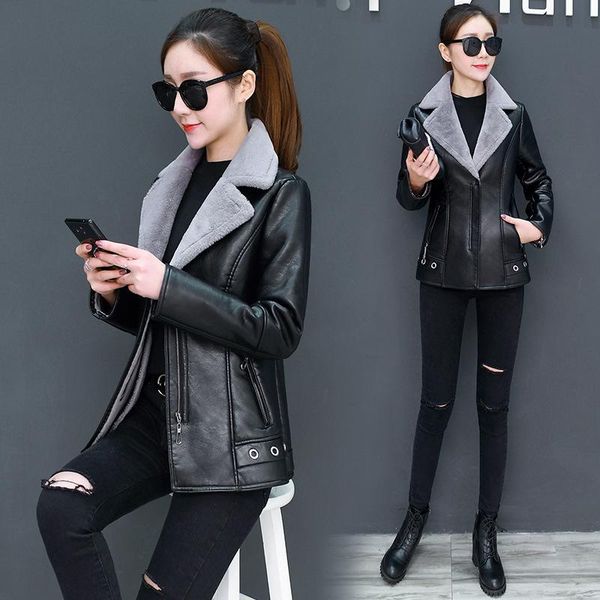 women's leather & faux 2022 jacket turn collar thicken plus velvet fur one moto biker female women winter oversize, Black
women's leather & faux 2022 jacket turn collar thicken plus velvet fur one moto biker female women winter oversize, Black