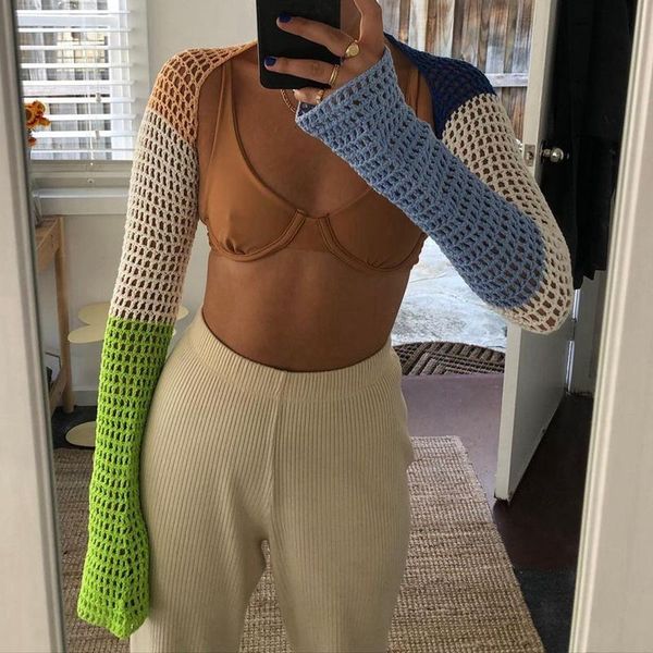 women's t-shirt crop y2k patchwork crocheted shawl long sleeves mini cover-ups knitted hollow out women fashion streetwear, White
women's t-shirt crop y2k patchwork crocheted shawl long sleeves mini cover-ups knitted hollow out women fashion streetwear, White