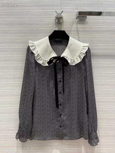 women's blouses & shirts luxury 100% twill silk 2021 autumn runway fashion dot print office single breasted ladies party elegant women, White