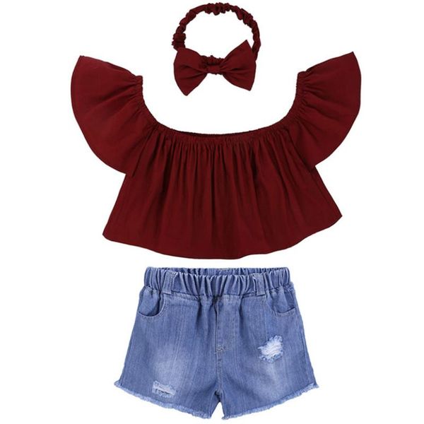 three piece girl\u2021s clothes summer 2021 fashion boat neck short sleeve ruffles and ripped denim shorts with headband clothing sets, White
three piece girl\u2021s clothes summer 2021 fashion boat neck short sleeve ruffles and ripped denim shorts with headband clothing sets, White