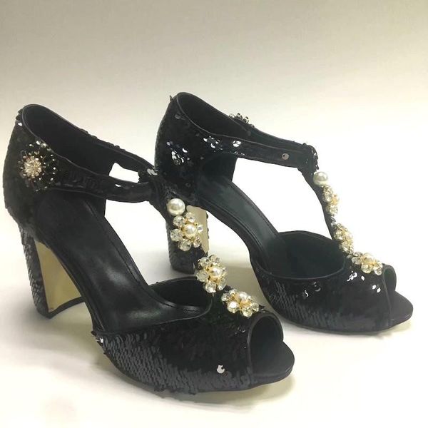 dress shoes luxury black sequined summer high heels pearl embellished t-strap open toe ladies party sandals maryjanes
dress shoes luxury black sequined summer high heels pearl embellished t-strap open toe ladies party sandals maryjanes