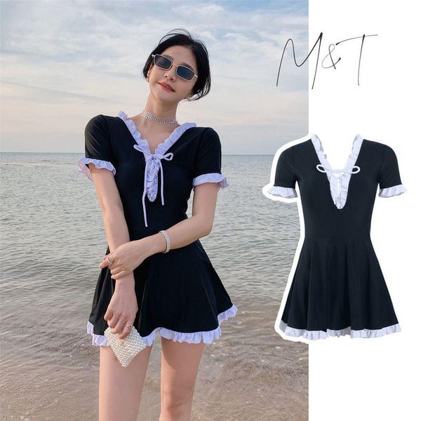 women's swimwear swimming skirt lace one-piece fairy ins covering flesh thin black white stitching student girl spring sun bath swimsui, White;black
women's swimwear swimming skirt lace one-piece fairy ins covering flesh thin black white stitching student girl spring sun bath swimsui, White;black