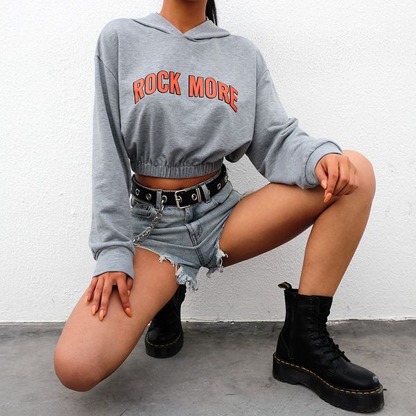 gray letter printed long sleeve elastic hem leisure cropped hoodie, White