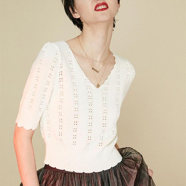 women's sweaters 19 v-neck temperament solid color wild hollow knit short female half-sleeved cashmere short-sleeved thin section, White;black
women's sweaters 19 v-neck temperament solid color wild hollow knit short female half-sleeved cashmere short-sleeved thin section, White;black