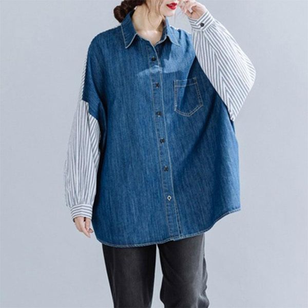 women's blouses & shirts 2021 autumn korea fashion women batwing sleeve loose denim patchwork stripe casual long big size m565, White
women's blouses & shirts 2021 autumn korea fashion women batwing sleeve loose denim patchwork stripe casual long big size m565, White