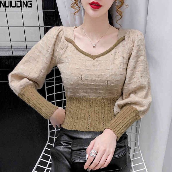 female winter receive waist slim knitting vintage patehwork puff sleeve short pullovers thickened sweaters lady 210514, White;black
female winter receive waist slim knitting vintage patehwork puff sleeve short pullovers thickened sweaters lady 210514, White;black
