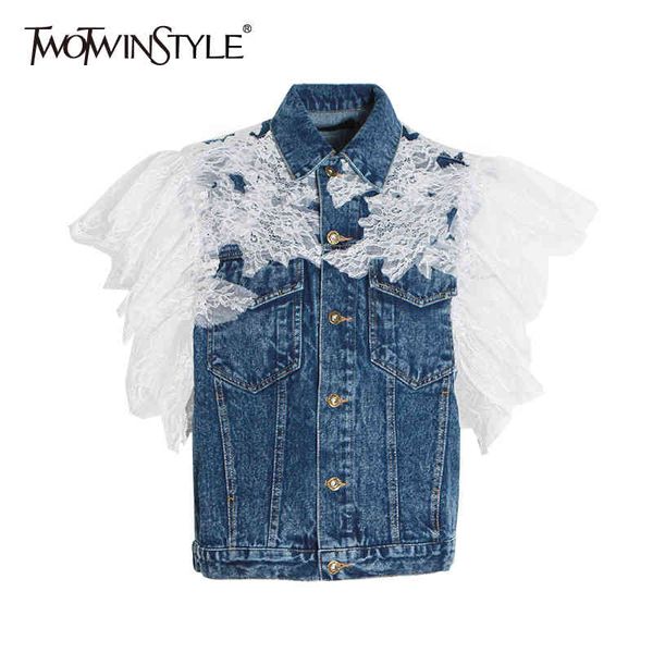 twotwinstyle patchwork lace denim coat for women lapel sleeveless streetwear casual vests female summer fashion clothing 210517, Black;white
twotwinstyle patchwork lace denim coat for women lapel sleeveless streetwear casual vests female summer fashion clothing 210517, Black;white