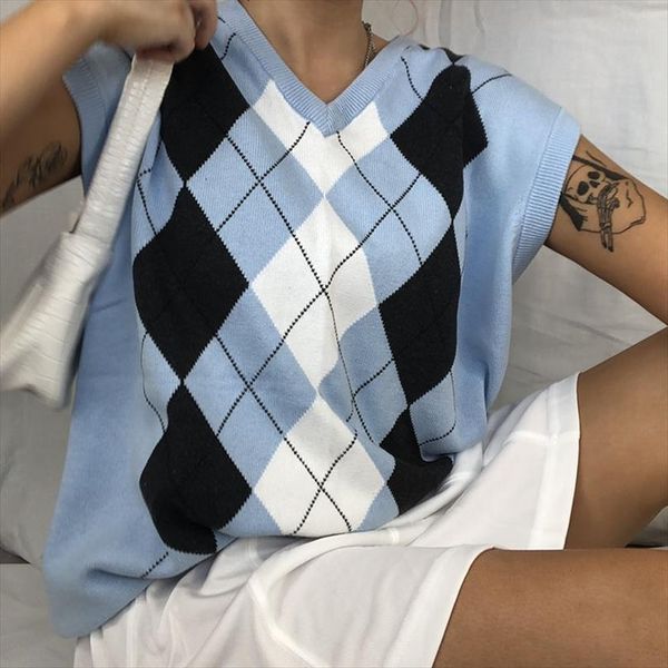 e girl argyle loose women sweaters vest jumper sleeveless pullover knitted vests autumn fashion preppy style crop top, White;black
e girl argyle loose women sweaters vest jumper sleeveless pullover knitted vests autumn fashion preppy style crop top, White;black