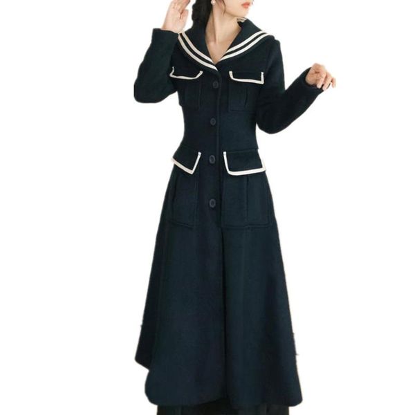 women's wool & blends french style vintage navy woolen coat women winter slim big swing preppy long overcoat, Black
women's wool & blends french style vintage navy woolen coat women winter slim big swing preppy long overcoat, Black