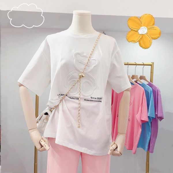 women's t-shirt concave-convex stamping bear summer mid-length loose thin short-sleeved all-match kawaii clothes, White
women's t-shirt concave-convex stamping bear summer mid-length loose thin short-sleeved all-match kawaii clothes, White