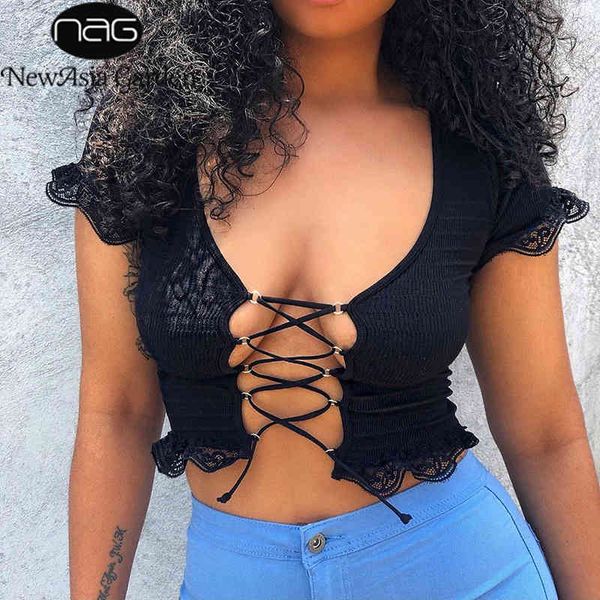 newasia ribbed summer front hollow out cross tie up t shirt women lace ruffles short t-shirt white streetwear black 210413
newasia ribbed summer front hollow out cross tie up t shirt women lace ruffles short t-shirt white streetwear black 210413