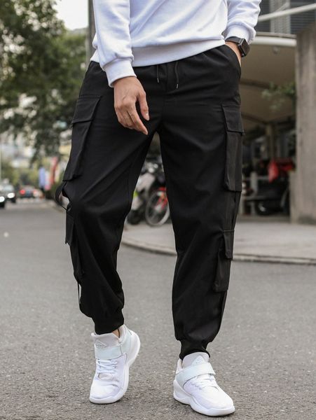 men flap pocket solid cargo pants a2ce#, Black