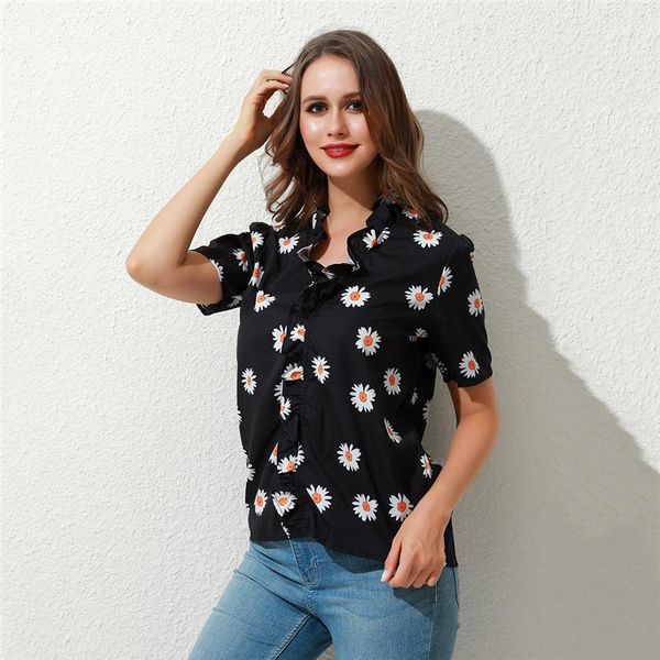 women fashion floral printed blouse elegant ruffles decor shirt short sleeve for ladies women's blouses & shirts, White
women fashion floral printed blouse elegant ruffles decor shirt short sleeve for ladies women's blouses & shirts, White