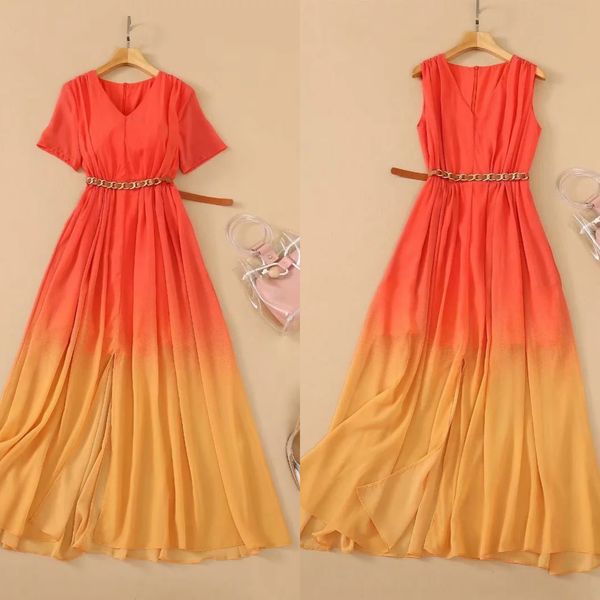 european and american catwalks the latest high-quality dress v-neck gradient color split swing, Black
european and american catwalks the latest high-quality dress v-neck gradient color split swing, Black