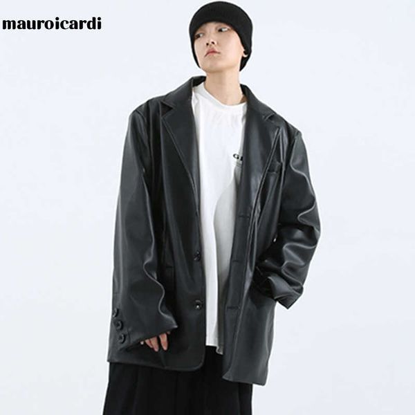 mauroicardi spring oversized leather blazers long sleeve black brown loose causal soft faux leather jacket for men style 211009
mauroicardi spring oversized leather blazers long sleeve black brown loose causal soft faux leather jacket for men style 211009