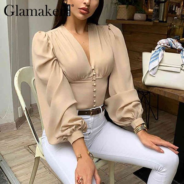 glamaker deep v neck summer elegant blouse women long lantern sleeve ladies blouse shirt female chic fashion blouse new 210414, White
glamaker deep v neck summer elegant blouse women long lantern sleeve ladies blouse shirt female chic fashion blouse new 210414, White