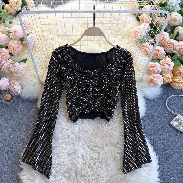 blouses women elastic ruched blouse spring square collar flare sleeve korean solid sequins streetwear short blouses, White
blouses women elastic ruched blouse spring square collar flare sleeve korean solid sequins streetwear short blouses, White