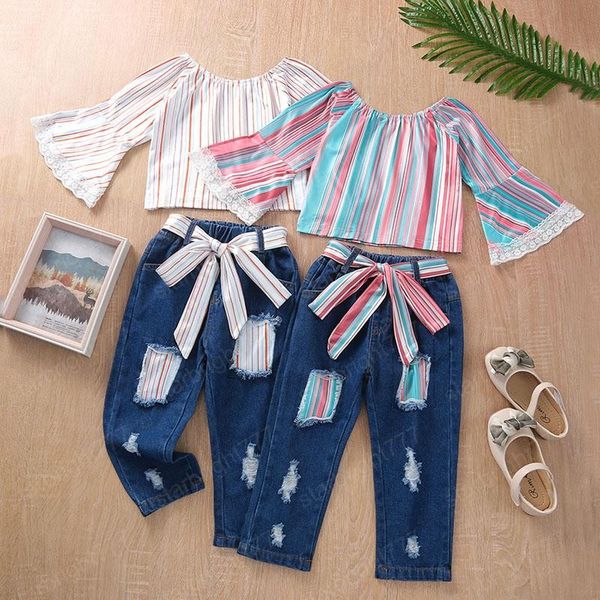 kids clothing sets girls outfits children lace flare sleeve stripe +hole denim pants 2pcs/set spring autumn fashion baby clothes, White
kids clothing sets girls outfits children lace flare sleeve stripe +hole denim pants 2pcs/set spring autumn fashion baby clothes, White