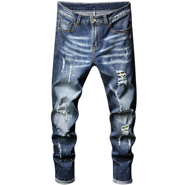 men's jeans wear holes straight tube european and american paste cloth washed pants for puncture, Blue
men's jeans wear holes straight tube european and american paste cloth washed pants for puncture, Blue