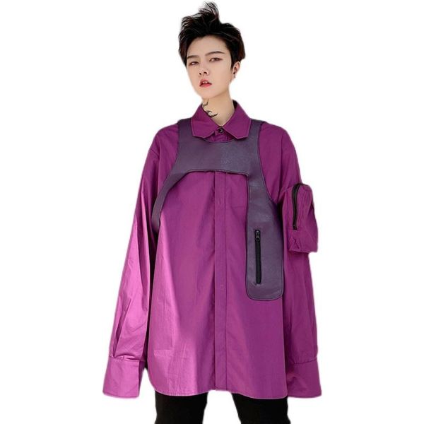 men's casual shirts korean purple shirt men long sleeve with leather big pockets loose hiphop stage, White;black
men's casual shirts korean purple shirt men long sleeve with leather big pockets loose hiphop stage, White;black