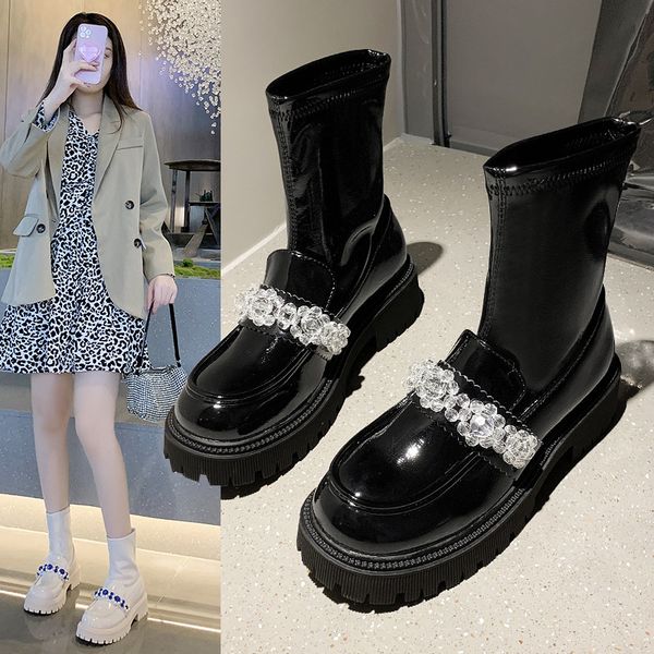muffin mary jane heel increased thick soled elastic small leather jk sho short boots, Black
muffin mary jane heel increased thick soled elastic small leather jk sho short boots, Black