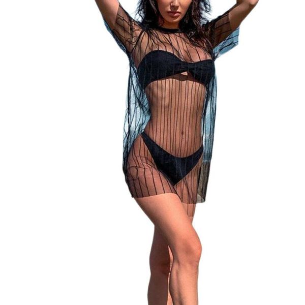 women mesh sheer bikini cover up dress see through swimwear short sleeve striped beach summer club party bathing suit women's, White;black
women mesh sheer bikini cover up dress see through swimwear short sleeve striped beach summer club party bathing suit women's, White;black