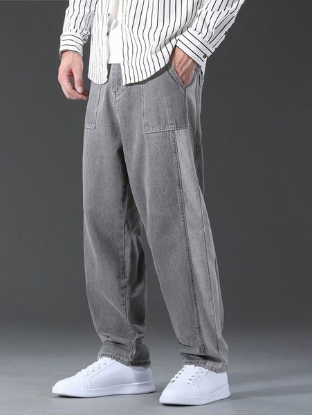 men contrast side seam baggy jeans g60a#, Blue