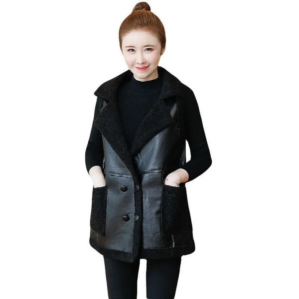 women's vests 2021 plus size 5xl waistcoat jacket women pu leather vest loose lamb wool outerwear fashion pocket black coat female, Black;white
women's vests 2021 plus size 5xl waistcoat jacket women pu leather vest loose lamb wool outerwear fashion pocket black coat female, Black;white