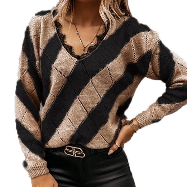 autumn and winter 2021 new women's wear color matching lace v-neck casual sweater loose pullover, White;black
autumn and winter 2021 new women's wear color matching lace v-neck casual sweater loose pullover, White;black
