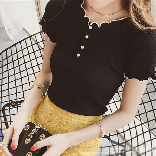 women's t-shirt woman tshirts beaded short sleeve round neck slim-fit knitted crop mujer camisetas, White
women's t-shirt woman tshirts beaded short sleeve round neck slim-fit knitted crop mujer camisetas, White