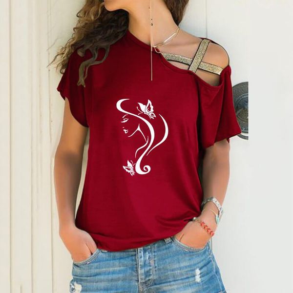 women's t-shirt salon girl face with butterfly loose women irregular tshirt gift punk harajuku skew neck cross bandage, White
women's t-shirt salon girl face with butterfly loose women irregular tshirt gift punk harajuku skew neck cross bandage, White