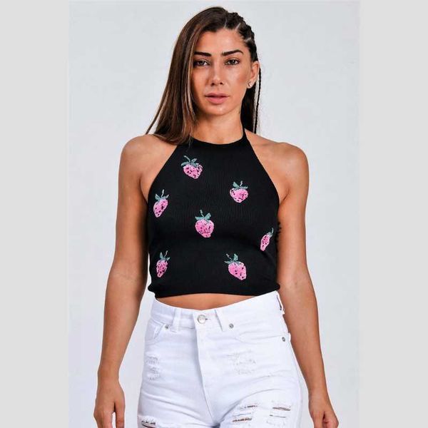 women's blouses & shirts black strawberry embossed print halter crop summer knitted blouse, White
women's blouses & shirts black strawberry embossed print halter crop summer knitted blouse, White
