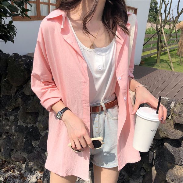 dress pink sunscreen chic cotton streetwear casual leisure all match blouses solid loose shirts, White
dress pink sunscreen chic cotton streetwear casual leisure all match blouses solid loose shirts, White
