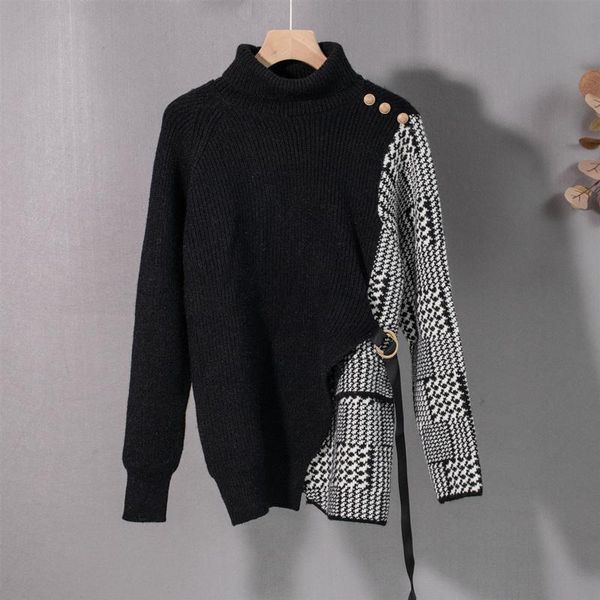 women's sweaters 2021 autumn and winter high-neck stitching houndstooth retro irregular fashion lace-up sweater, White;black
women's sweaters 2021 autumn and winter high-neck stitching houndstooth retro irregular fashion lace-up sweater, White;black