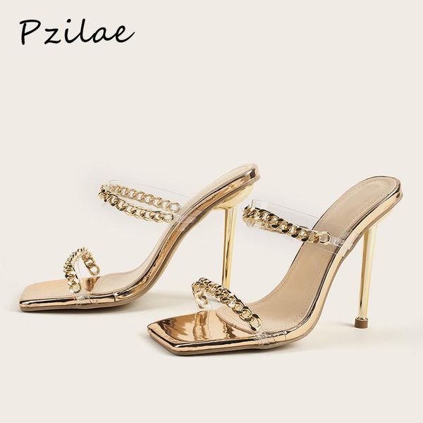 pzilae gold chain design pvc slippers summer fashion square head open toe metal high heels slip on slides women mules, Black
pzilae gold chain design pvc slippers summer fashion square head open toe metal high heels slip on slides women mules, Black