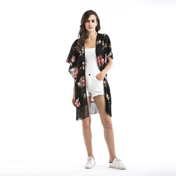 women ladies girls floral printing kimono cardigan boho chiffon open front casual beach long coat jacket women's swimwear, White;black
women ladies girls floral printing kimono cardigan boho chiffon open front casual beach long coat jacket women's swimwear, White;black
