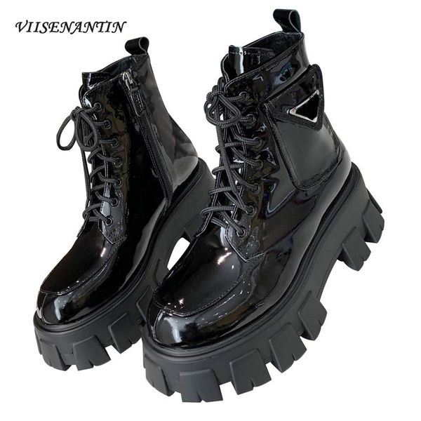 boots patent leather ankle lace-up round toe flat platform metal trangle designer chunky jagged high heels botas de mujer shoes, Black
boots patent leather ankle lace-up round toe flat platform metal trangle designer chunky jagged high heels botas de mujer shoes, Black