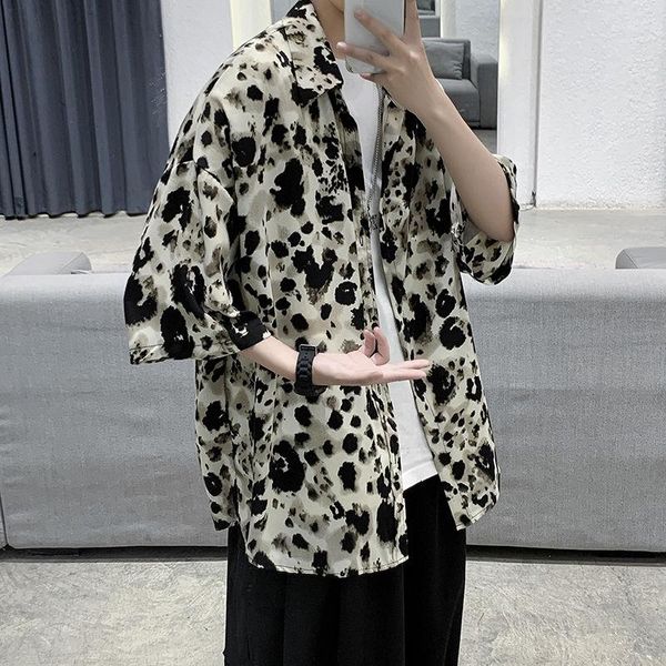 men's casual shirts summer short-sleeved fashion printed men streetwear korean loose leopard mens dress, White;black
men's casual shirts summer short-sleeved fashion printed men streetwear korean loose leopard mens dress, White;black