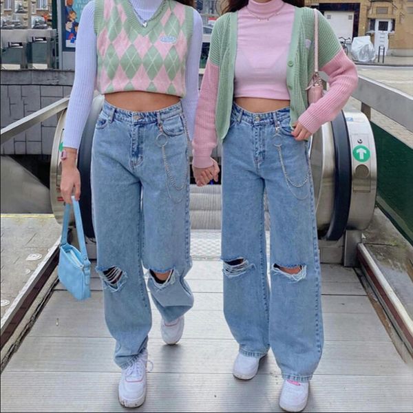 dewadbow high waist denim women jean pants button pocket with chain loose destroyed hole mom slim trousers, Blue
dewadbow high waist denim women jean pants button pocket with chain loose destroyed hole mom slim trousers, Blue