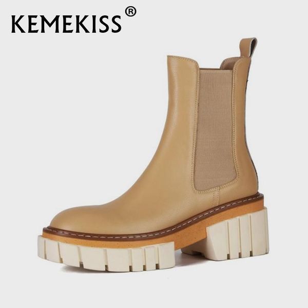 boots kemekiss genuine leather ankle for women round toe thick heel slip on elastic short female footwear size 34-39, Black
