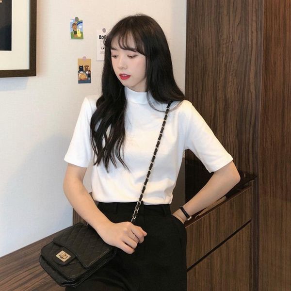 women's t-shirt solid color bottoming shirt short sleeve 2021 korean style spring western slim fit slimming half turtleneck, White
women's t-shirt solid color bottoming shirt short sleeve 2021 korean style spring western slim fit slimming half turtleneck, White