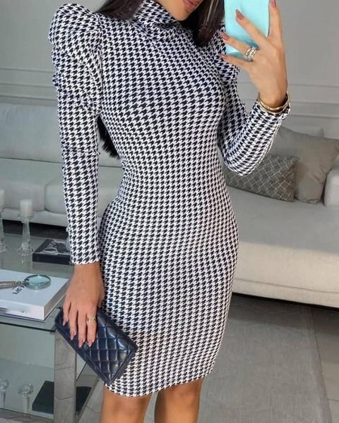 casual dresses autumn women houndstooth print gigot sleeve skinny dress 2022 femme mock neck midi bodycon robe office lady outfits, Black;gray
casual dresses autumn women houndstooth print gigot sleeve skinny dress 2022 femme mock neck midi bodycon robe office lady outfits, Black;gray